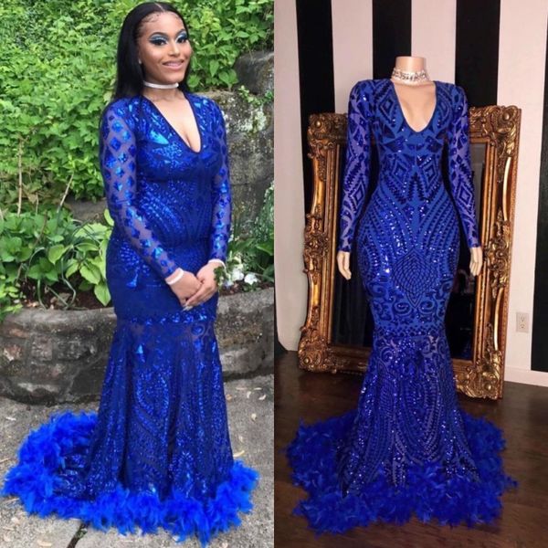 2020 shiny royal blue mermaid long sleeve feather african prom dresses with train deep v-neck plus size reflective party dress formal gown, Black
2020 shiny royal blue mermaid long sleeve feather african prom dresses with train deep v-neck plus size reflective party dress formal gown, Black