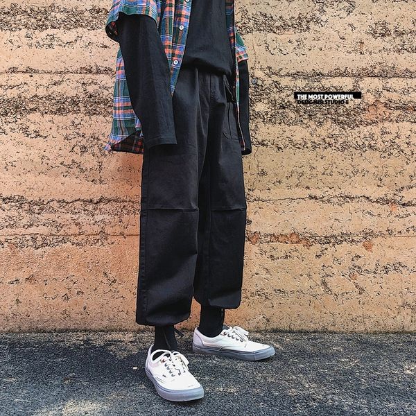 2019 men's black/khaki color cotton cargo pocket casual harem pants bound feet loose trousers hip hop joggers sweatpants m-2xl