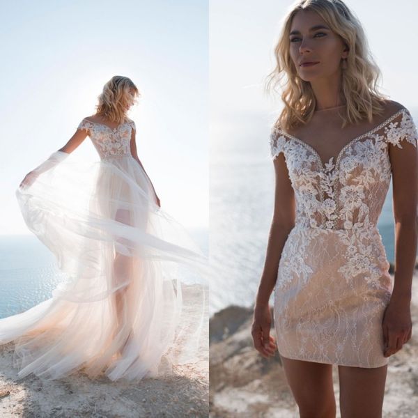 elegant sheath wedding dresses with long train jewel neck beads appliques lace wedding gowns short vestidos de novia, White
elegant sheath wedding dresses with long train jewel neck beads appliques lace wedding gowns short vestidos de novia, White