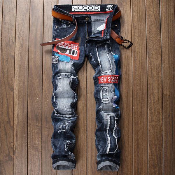 2019 fashion men's punk blue jeans pants washed ripped distressed denim trousers for men letter embroidery patches size 29-38
2019 fashion men's punk blue jeans pants washed ripped distressed denim trousers for men letter embroidery patches size 29-38