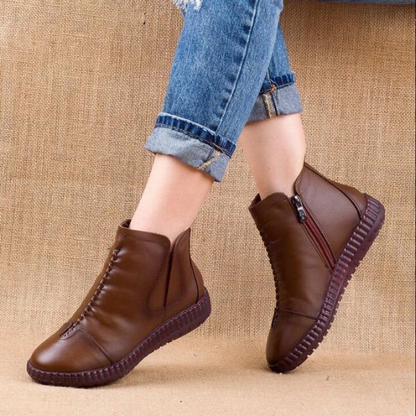 winter genuine leather ankle boots handmade lady soft flat shoes comfortable casual moccasins side zip ankle boots, Black