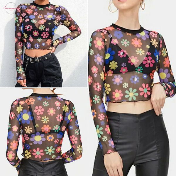 new arrival spring fashion women black o neck mesh sheer see through colorful flower print long sleeve crop short t shirt, White
new arrival spring fashion women black o neck mesh sheer see through colorful flower print long sleeve crop short t shirt, White