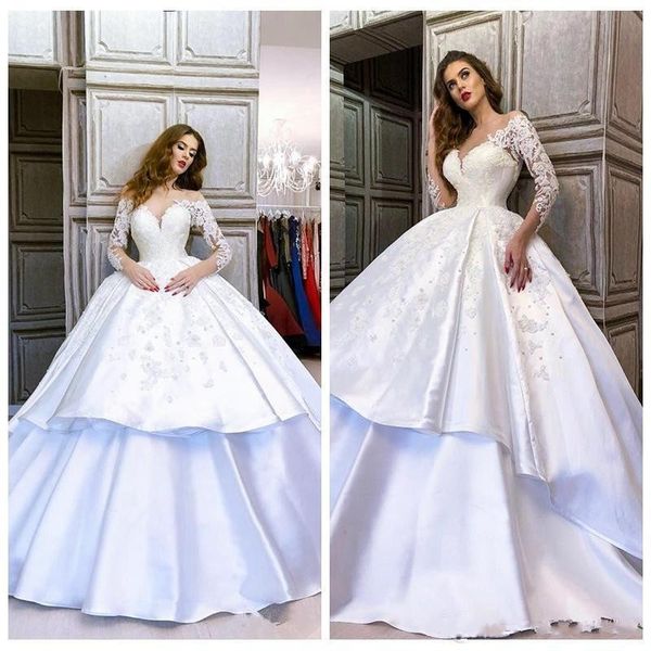 new arrival ball gown wedding dresses sheer neck long sleeves lace appliques satin vestidos de noiva tiered wedding dress bridal gowns, White
new arrival ball gown wedding dresses sheer neck long sleeves lace appliques satin vestidos de noiva tiered wedding dress bridal gowns, White