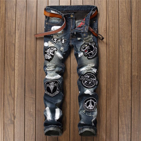 brand new mens jeans embroidered tiger head distressed ripped biker jeans slim fit motorcycle biker denim jeans 2019 fashion designer pant, Blue
brand new mens jeans embroidered tiger head distressed ripped biker jeans slim fit motorcycle biker denim jeans 2019 fashion designer pant, Blue