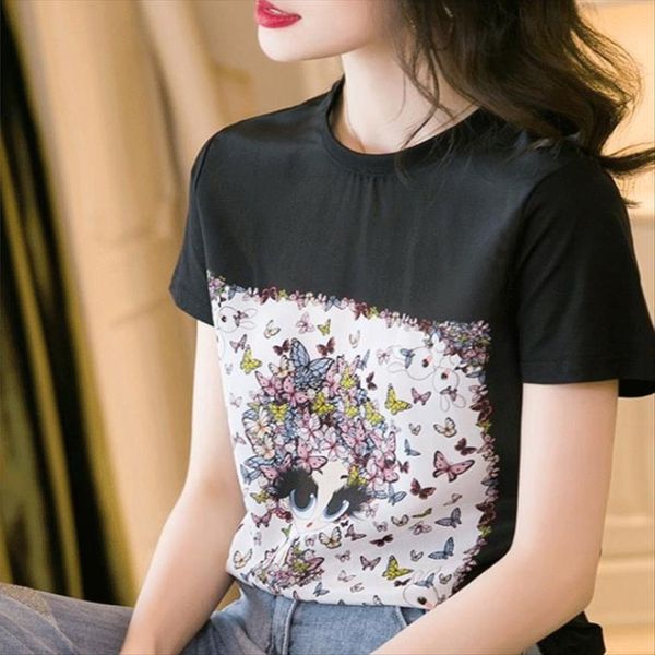 black printed short-sleeved t-shirt female 2020 round collar stitching mulberry black printed silk short-sleeved t-shirt female 2020 rou, White
black printed short-sleeved t-shirt female 2020 round collar stitching mulberry black printed silk short-sleeved t-shirt female 2020 rou, White