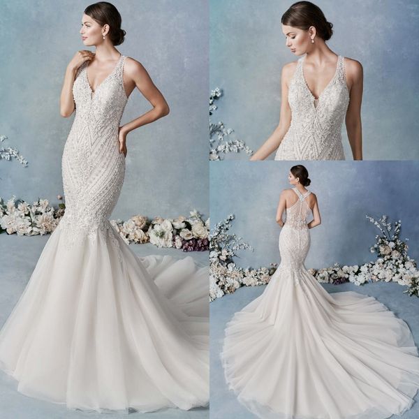 modest mermaid kenneth winston wedding dresses v neck sleeveless tulle satin applique ruched wedding gown sweep train robe de mariée, White
modest mermaid kenneth winston wedding dresses v neck sleeveless tulle satin applique ruched wedding gown sweep train robe de mariée, White