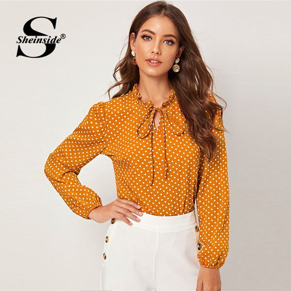 

sheinside yellow polka dot lantern sleeve blouse women 2019 autumn lace up frill neck blouses ladies casual print trim top, White