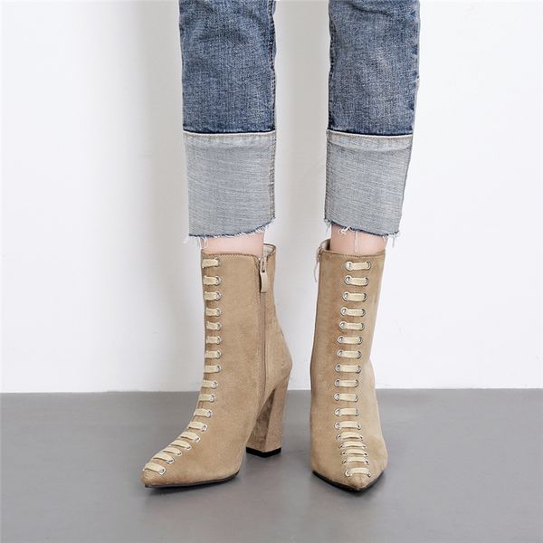 2019 autumn winter women suede ankle boots nude black square high heels lace up short boots zipper shoes
2019 autumn winter women suede ankle boots nude black square high heels lace up short boots zipper shoes