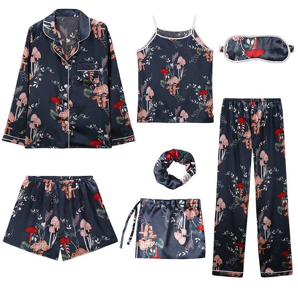 7-piece women's pajamas set turn-down collar printing faux silk sleepwear casual cool home clothes can be worn outside summer, Black;red
7-piece women's pajamas set turn-down collar printing faux silk sleepwear casual cool home clothes can be worn outside summer, Black;red