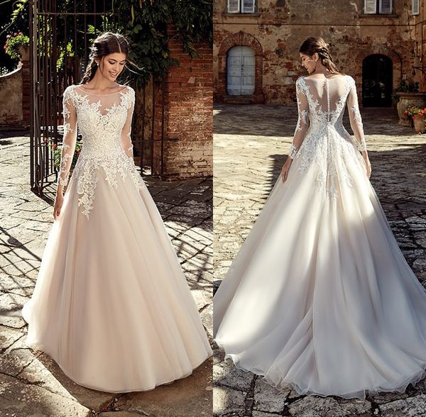 2019 elegant sheer neck long sleeve a line wedding dresses appliques floor length bridal gown covered button back robe de mariee bc0936, White
2019 elegant sheer neck long sleeve a line wedding dresses appliques floor length bridal gown covered button back robe de mariee bc0936, White