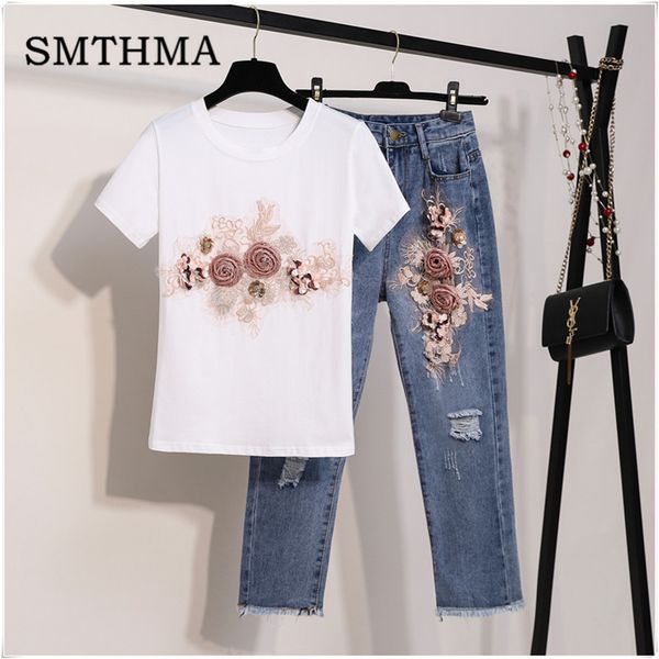 2019 summer women embroidered beaded 3d floral flower short-sleeved cotton t-shirt+ womens two piece ripped jeans sets, White
2019 summer women embroidered beaded 3d floral flower short-sleeved cotton t-shirt+ womens two piece ripped jeans sets, White