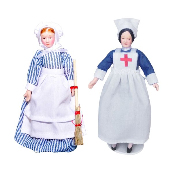 2pcs 1:12 Dollhouse Miniature Porcelain Doll Model, Nurse And Maid