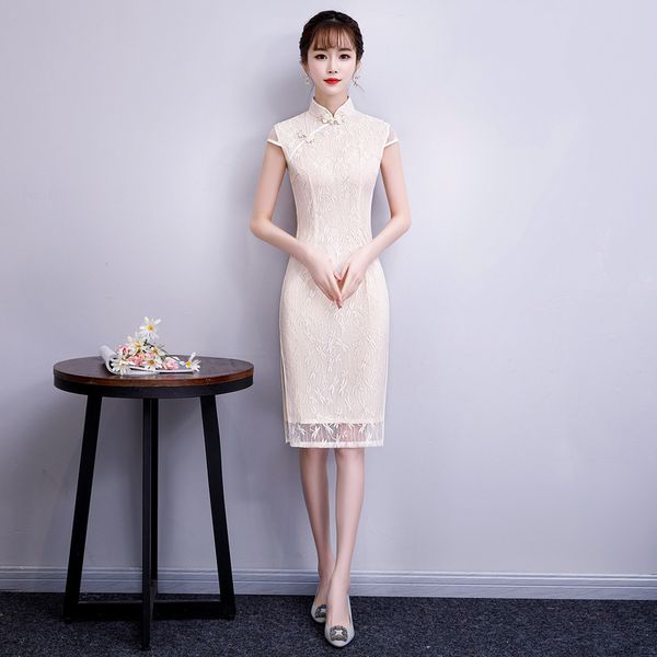 beige vintage chinese style qipao short embroidery lace cheongsam dress women's mandarin collar traditional dress size  -3xl, Red 
beige vintage chinese style qipao short embroidery lace cheongsam dress women's mandarin collar traditional dress size  -3xl, Red