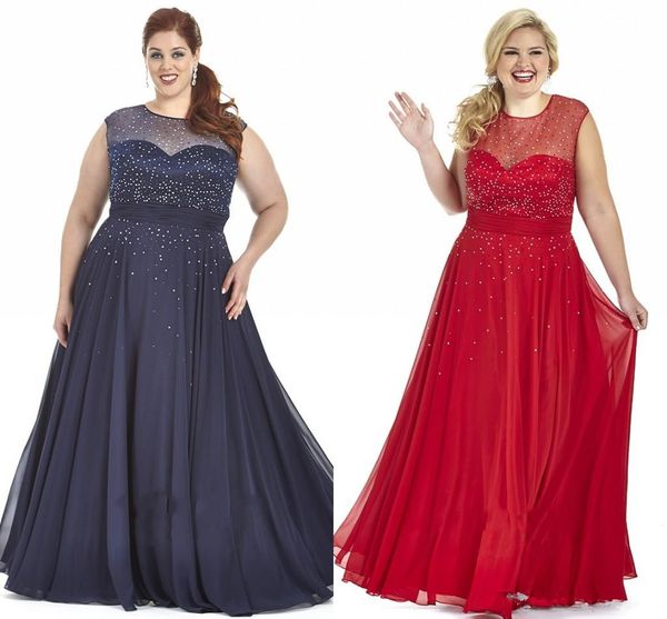 

2022 Navy Blue Red Chiffon Plus Size Prom Dresses Special Occasion Dress Bling Sequins Sheer Crew Cap Sleeve Evening Gowns robes de soirée