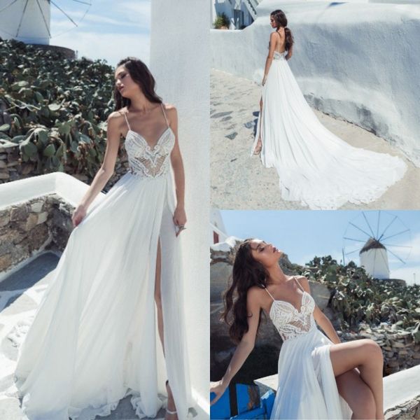 julie vino spaghetti beach wedding dresses thigh high slits backless boho bridal gowns custom made sweep train vestido de novia, White
julie vino spaghetti beach wedding dresses thigh high slits backless boho bridal gowns custom made sweep train vestido de novia, White