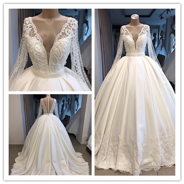 real p ball gown long sleeve satin backless vintage luxury reception wedding desses 2019 new hochzeitskleid wedding gowns turkey, White
real p ball gown long sleeve satin backless vintage luxury reception wedding desses 2019 new hochzeitskleid wedding gowns turkey, White