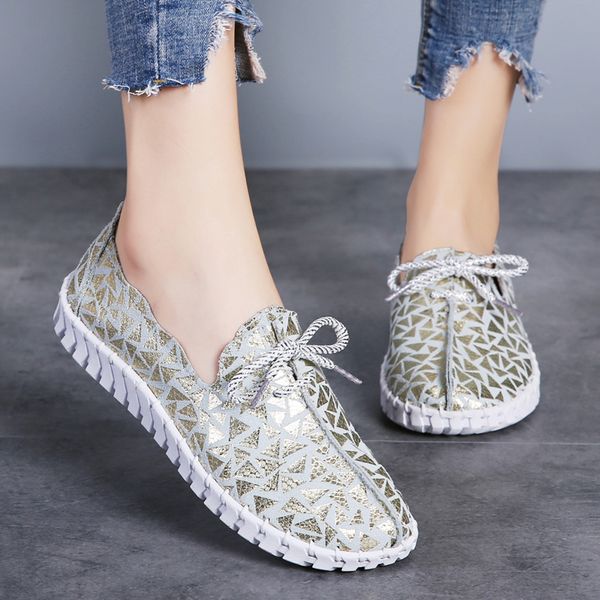 shiny women's flat shoes comfortable lace-up handmade walking shoes, Black