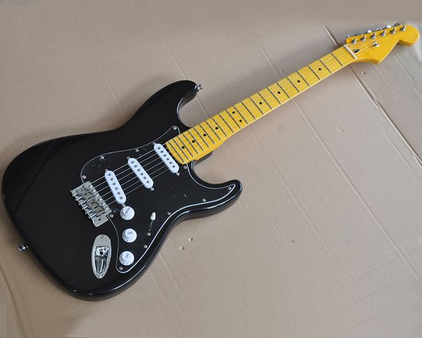 factory wholesale black electric guitar with black pickguard,yellow maple neck,sss pickups,offering customized services
factory wholesale black electric guitar with black pickguard,yellow maple neck,sss pickups,offering customized services