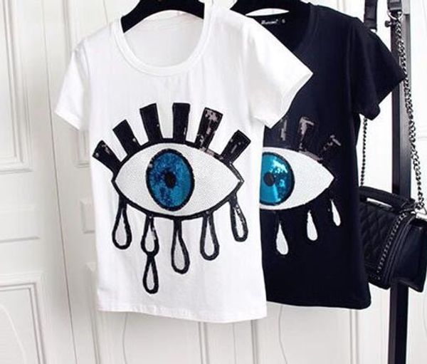 

большие глаза женские дизайнерские футболки мода аппликация топы вышивки с короткими рукавами рубашки милые случайные девушки майка, White