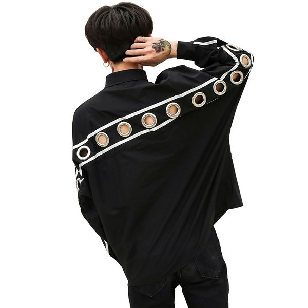 designer dress shirt bat sleeve length hollow personality city boy trend exquisite camisa social masculina black, White;black