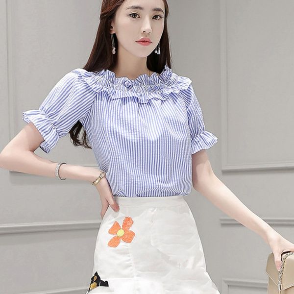 blue striped shirt blouse slash collar women elegant elastic strapless blouses streetwear summer short sleeve top, White
blue striped shirt blouse slash collar women elegant elastic strapless blouses streetwear summer short sleeve top, White