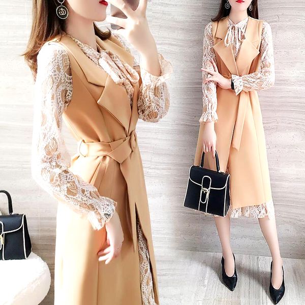 work dresses spring two piece set women clothes full sleeve slim lace dress and sleeveless long coat with belt vogue style suit sl389, White;black
work dresses spring two piece set women clothes full sleeve slim lace dress and sleeveless long coat with belt vogue style suit sl389, White;black