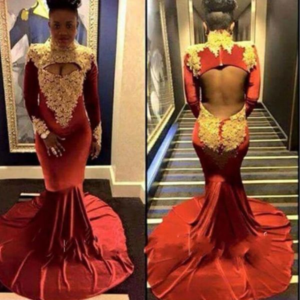 high neck burgundy wine prom dresses 2020 mermaid long sleeve satin appliques backless court train party dress, Black
high neck burgundy wine prom dresses 2020 mermaid long sleeve satin appliques backless court train party dress, Black