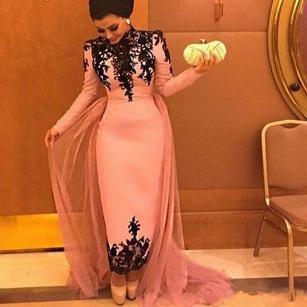 2020 saudi arabic women pink formal evening dresses long sleeve black applique high collar party dress with train special occasion dresses, Black;red
2020 saudi arabic women pink formal evening dresses long sleeve black applique high collar party dress with train special occasion dresses, Black;red