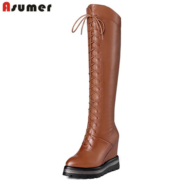 asumer 2018 new knee high boots women platform high heels winter snow boots lace up ladies shoes pu+genuine leather, Black
asumer 2018 new knee high boots women platform high heels winter snow boots lace up ladies shoes pu+genuine leather, Black