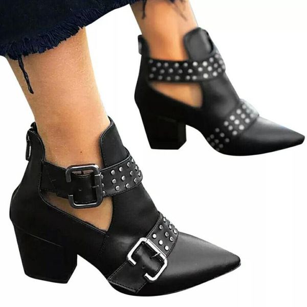 pointy big size rivet boots women's new belt buckle with women's boots, Black