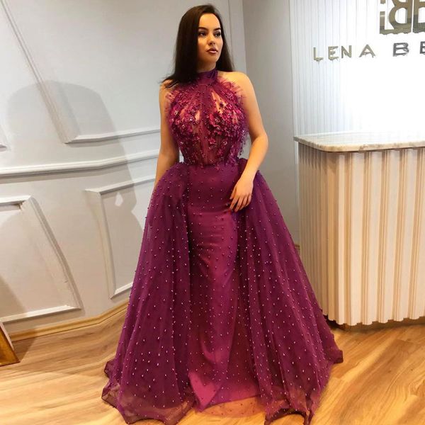 gorgeous grape mermaid prom dresses with detachable skirt 2020 high neck appliques pearls long vestidos de festa pageant gowns evening wears, Black 
gorgeous grape mermaid prom dresses with detachable skirt 2020 high neck appliques pearls long vestidos de festa pageant gowns evening wears, Black