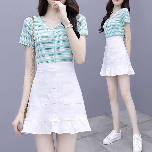 summer small fresh sweet skirt suit female fashion striped v-neck short sleeve and fishtail skirt two-piece suit, White
summer small fresh sweet skirt suit female fashion striped v-neck short sleeve and fishtail skirt two-piece suit, White