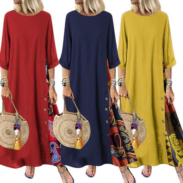 plus size women vintage dresses o neck 3/4 sleeve side buttons printed loose long dress, Black;gray
plus size women vintage dresses o neck 3/4 sleeve side buttons printed loose long dress, Black;gray