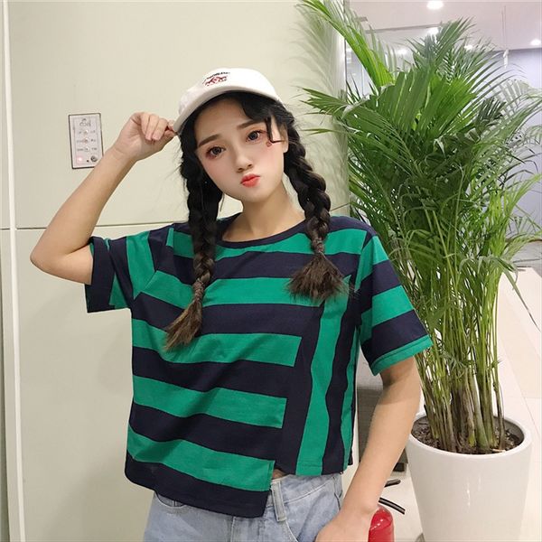 women's t-shirt pullover striped short irregular short sleeve pullover round collar t-shirt female students loose slim top, White
women's t-shirt pullover striped short irregular short sleeve pullover round collar t-shirt female students loose slim top, White