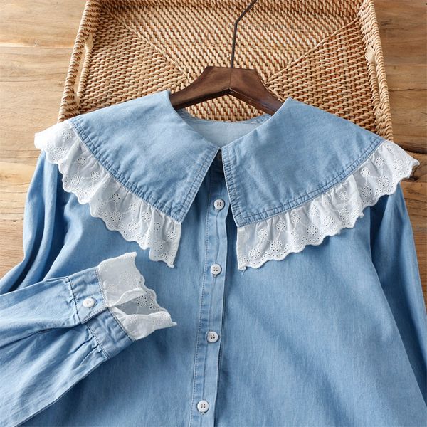 mori girl female sweet lace denim shirt turn-down collar cotton shirt women a3558, White
mori girl female sweet lace denim shirt turn-down collar cotton shirt women a3558, White