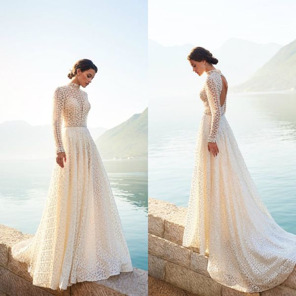 2020 gali karten bohemian wedding dresses a line sweep train lace hollow back beach wedding dress high collar custom made boho bridal gowns, White
2020 gali karten bohemian wedding dresses a line sweep train lace hollow back beach wedding dress high collar custom made boho bridal gowns, White