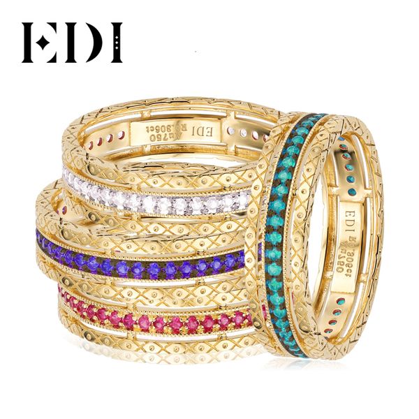 

edi 14k yellow gold royal stack ring natural diamond real sapphire ruby emerald gemstone eternity wedding ring for women cj191210, Slivery;golden