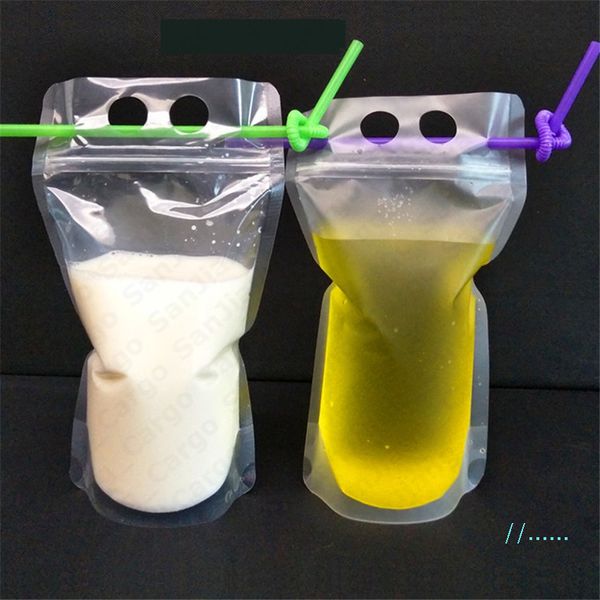 Diy 500ml Self-sealed Transparent Beverage Juice Milk Drinks Pouches Bag With Zipper Portable Stand Up Drinks Cup With Straw Set E5410