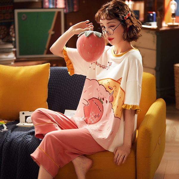 6535 combed cotton pajamas pajamas two-piece suit women's sweet short sleeve capri pants can be worn outside, Blue;red
6535 combed cotton pajamas pajamas two-piece suit women's sweet short sleeve capri pants can be worn outside, Blue;red