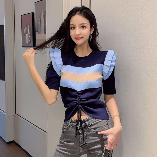 girls o-neck ruffled knitting stripe sweater shirts tees female knitted short sleeve sweaters pullovers for women, White;black
girls o-neck ruffled knitting stripe sweater shirts tees female knitted short sleeve sweaters pullovers for women, White;black