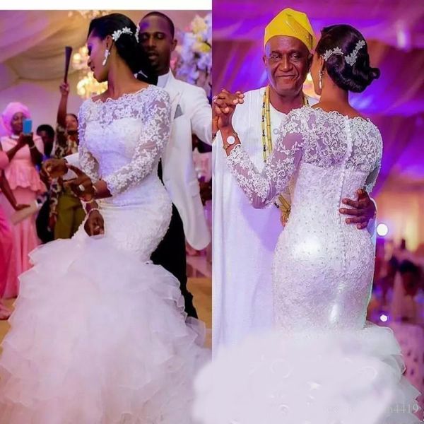 2020 new mermaid wedding dresses jewel neck long sleeves lace appliques illusion beads tiered organza long plus size bridal gowns, White
2020 new mermaid wedding dresses jewel neck long sleeves lace appliques illusion beads tiered organza long plus size bridal gowns, White