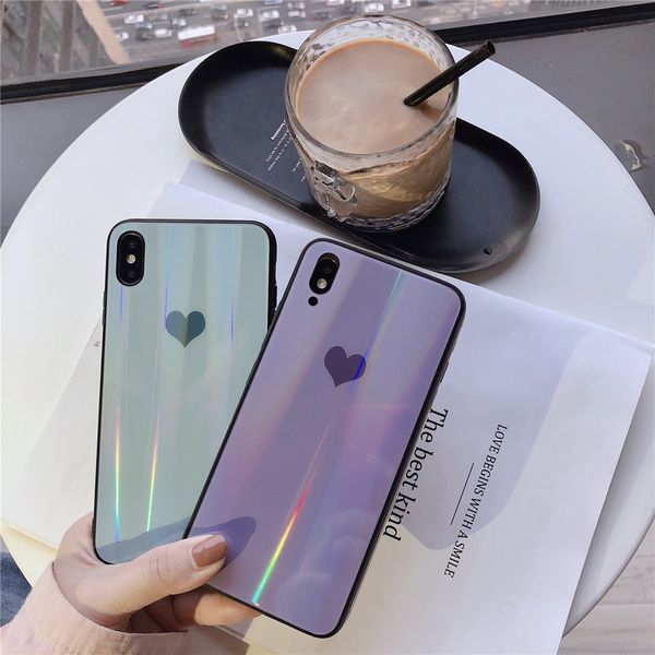 2019 new arrivals for iphone xs glass case laser aurora tempered glass for iphone x case heart shape phone case