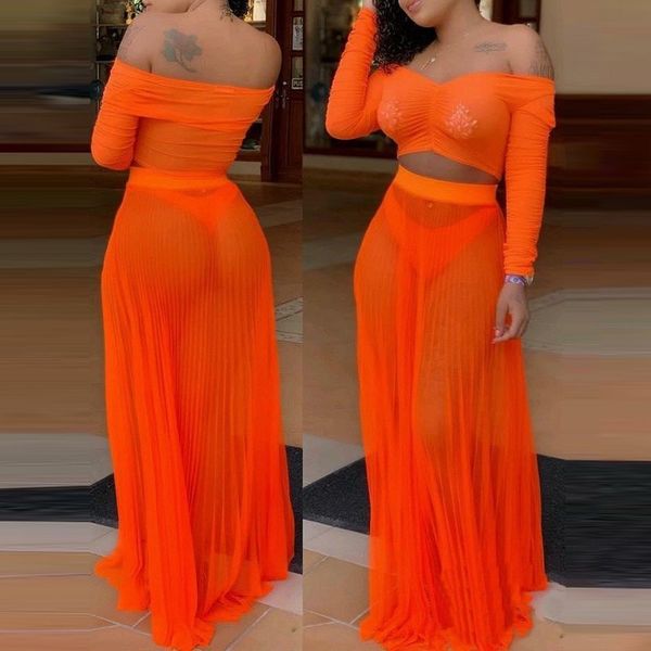 women sheer mesh two piece set summer pleated off shoulder long sleeve crop + maxi skirts beach clubwear matching sets, White
women sheer mesh two piece set summer pleated off shoulder long sleeve crop + maxi skirts beach clubwear matching sets, White