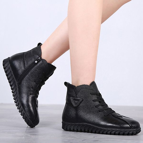 2019 women ankle boots genuine leather winter shoes women non-slip soft comfortable winter boots wool warm leather shoes, Black