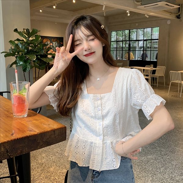 c012020 women's french doll shirt slim square collar single-breasted flower bud sleeve doll shirt top, White
c012020 women's french doll shirt slim square collar single-breasted flower bud sleeve doll shirt top, White