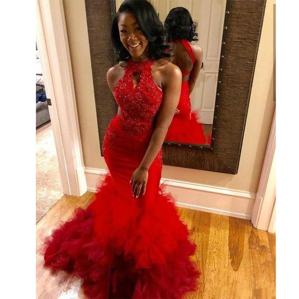 halter tulle tiered ruffles mermaid prom dresses 2020 lace applique beaded backless formal evening party gowns in red for black girls, Black;red
halter tulle tiered ruffles mermaid prom dresses 2020 lace applique beaded backless formal evening party gowns in red for black girls, Black;red