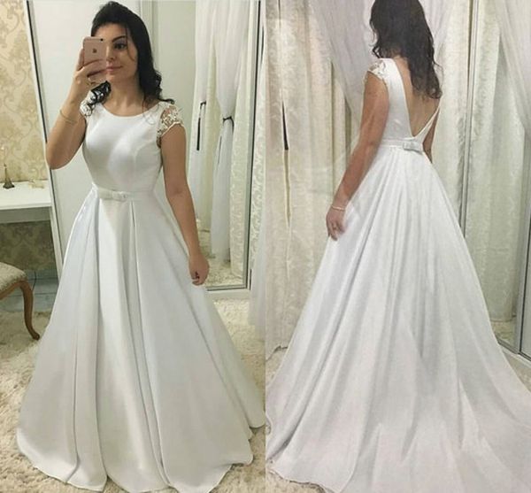 vintage simple a line bows wedding dresses jewel neck short sleeves backless sweep train pleated satin wedding bridal gowns, White
vintage simple a line bows wedding dresses jewel neck short sleeves backless sweep train pleated satin wedding bridal gowns, White