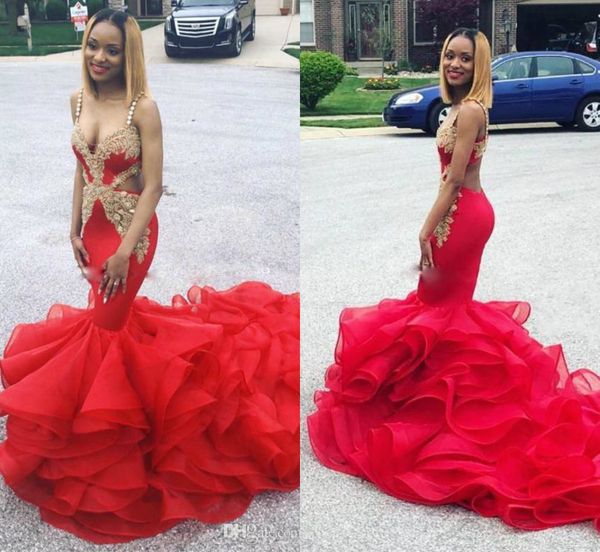 red mermaid prom dresses with gold appliques bead ruffles skirts bottom formal evening gown court train backless cocktail party dress, Black
red mermaid prom dresses with gold appliques bead ruffles skirts bottom formal evening gown court train backless cocktail party dress, Black
