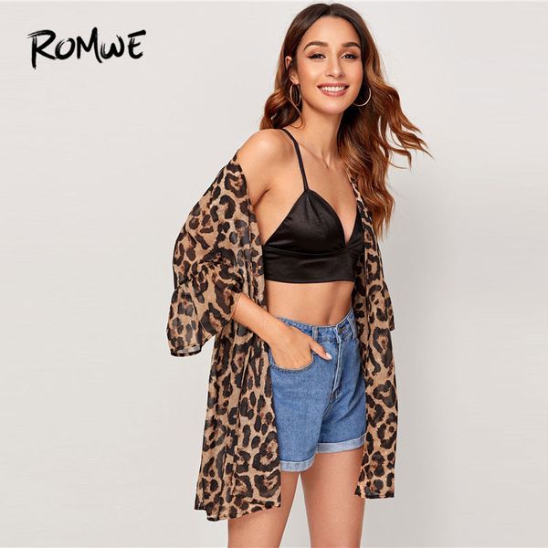 

romwe sporty leopard print flounce sleeve kimono cardigan 2019 beach coverups for women long kimono boho swimsuit cover up, Blue;gray