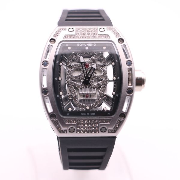 diamond bezel and dial boyuheng quartz 43mm mens watches silver skull head watch transparent dial wristwatches fashion clock gift for man, Slivery;brown
diamond bezel and dial boyuheng quartz 43mm mens watches silver skull head watch transparent dial wristwatches fashion clock gift for man, Slivery;brown